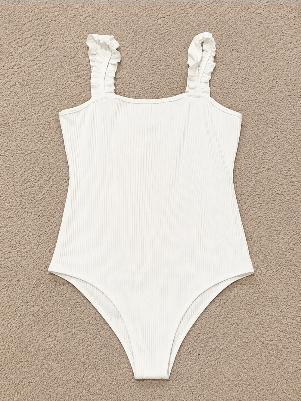 Gilli White Ribbed Ruffle Strap Bodysuit